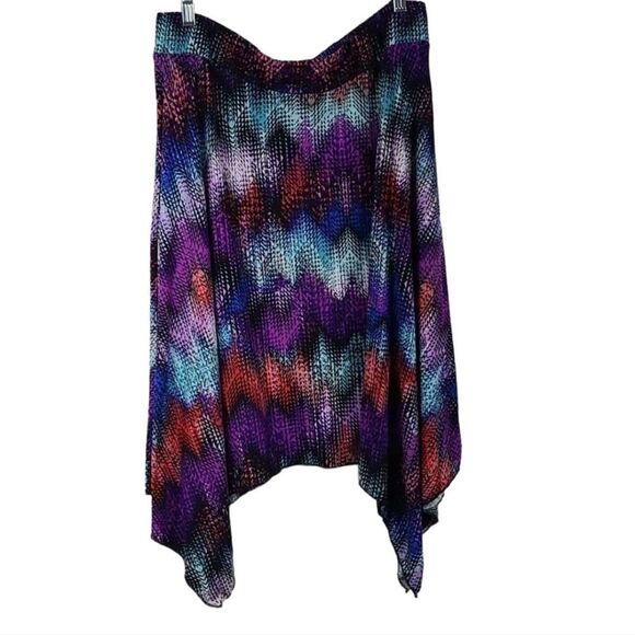 Hot Kiss 1X Colorful Abstract Chevron Sharkbite Flowy Knit Midi Skirt High-Low - Picture 2 of 8